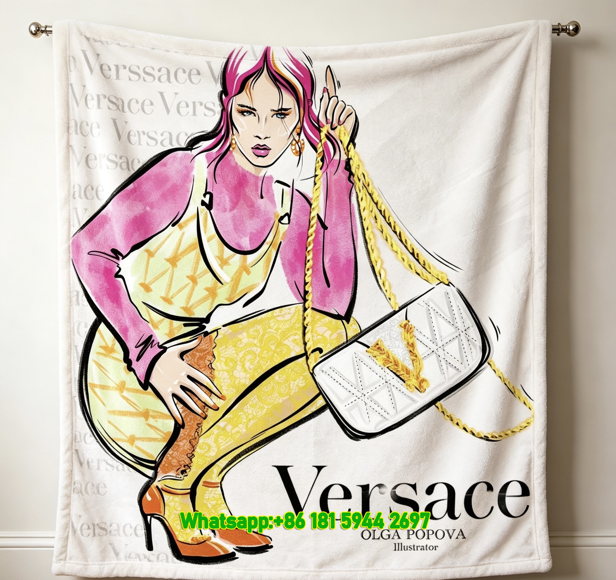 Versace Hot Pink And Bright Yellow Fashion Illustration V Logo Handbag Print Flannel Throw Blanket Luxury Sofa Cover Blanket IMG_1678
